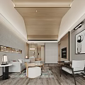 Modern Hotel Guest Room Interior With Wooden Ceiling Sofa Chair TV And Decorative Carpet