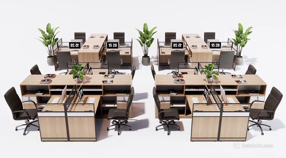 Modern Office Workspace With Cubicle Desks Computers And Green Plants 3d model 