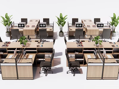 Modern Office Workspace With Cubicle Desks Computers And Green Plants 3d model