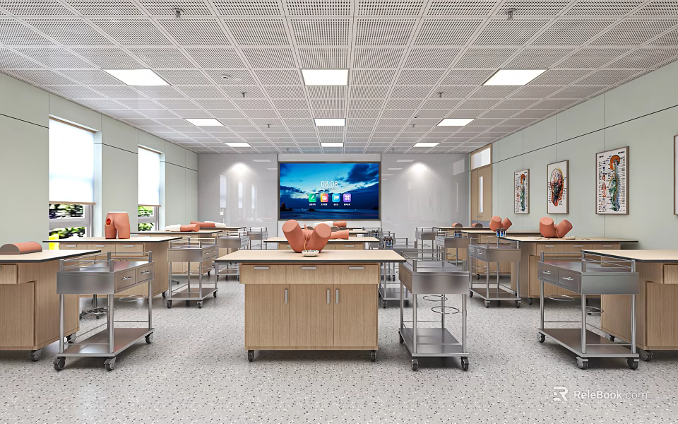 School Science Classroom With Student Workstations Large Screen Display And Ceiling Lights 3d model