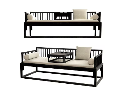 Traditional Chinese Luohan Bed with Black Frame Light Colored Cushions Armrests and Small Coffee Table 3d model