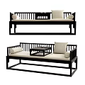 Traditional Chinese Luohan Bed with Black Frame Light Colored Cushions Armrests and Small Coffee Table
