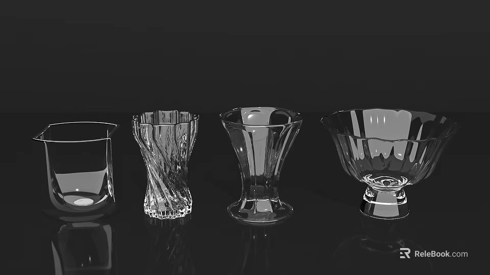 Transparent Glass Cups With Various Elegant Shapes And Smooth Designs On Black Surface 3d model 