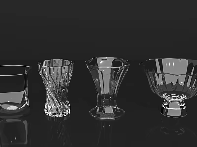 Transparent Glass Cups With Various Elegant Shapes And Smooth Designs On Black Surface 3d model