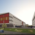 Industrial Factory Building Exterior With Red Brown Walls Lawn Trees And Truck On Road