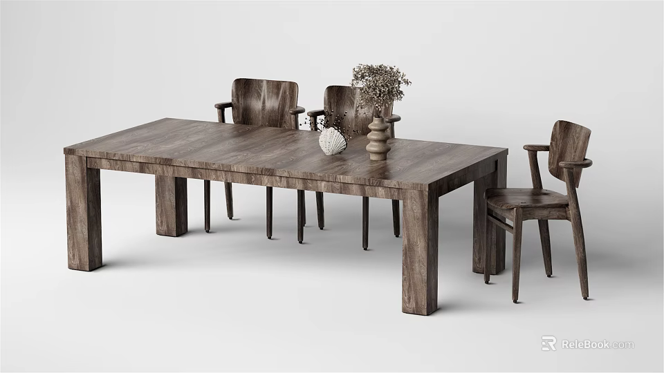 Natural Wooden Dining Table Set With Matching Chairs And Decorative Ornaments 3d model 