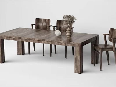 Natural Wooden Dining Table Set With Matching Chairs And Decorative Ornaments 3d model