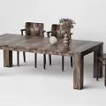 Natural Wooden Dining Table Set With Matching Chairs And Decorative Ornaments