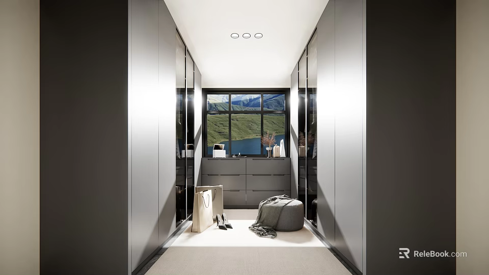 Modern Walk in Closet Design With Mirrored Doors Large Window Mountain View And Storage Elements 3d model 