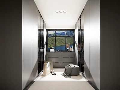 Modern Walk in Closet Design With Mirrored Doors Large Window Mountain View And Storage Elements 3d model