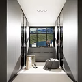 Modern Walk in Closet Design With Mirrored Doors Large Window Mountain View And Storage Elements