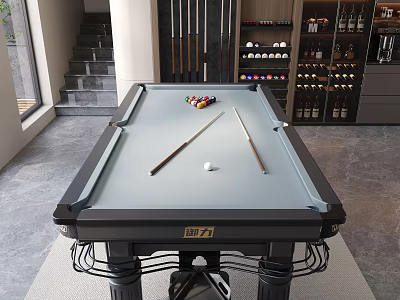 Contemporary Billiard Entertainment Table With Colorful Balls Cues And White Cue Ball On Gray Surface 3d model