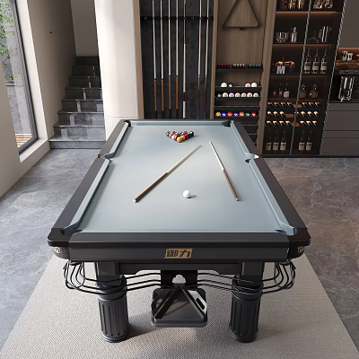Contemporary Billiard Entertainment Table With Colorful Balls Cues And White Cue Ball On Gray Surface 3d model
