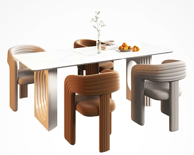 Contemporary Dining Table With Curved Chairs And Marble Top In Neutral Design 3d model