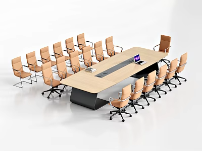Modern Light Wood Conference Table With Brown Wheeled Office Chairs And Laptop Folder 3d model