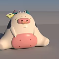 Cute Cartoon Reptile With White Body Black Spots Pink Belly Green Horns Sitting On Gray Surface