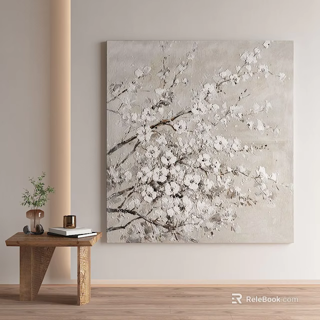 Elegant White Floral Plant Painting With Cherry Blossom Branches On Canvas Wall Art 3d model 