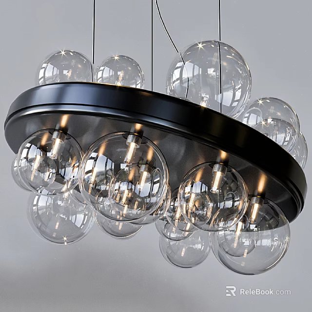 Modern Transparent Glass Globe Chandelier with Black Circular Base and Stylish Lighting Design 3d model 