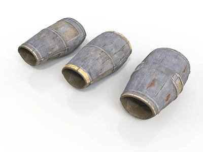 Worn Wooden Barrels With Grayish Distressed Surface Wood Grain And Metal Hoops 3d model