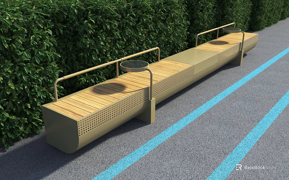 Modern Landscape Seating With Wooden Surface Metal Frame Green Shrubs Gray Pavement Blue Lines 3d model 