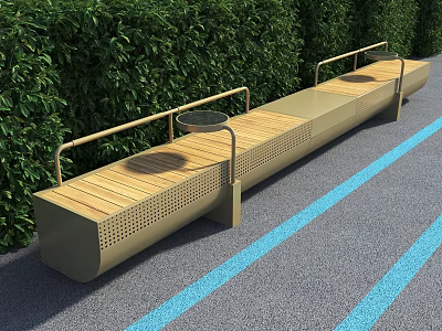 Modern Landscape Seating With Wooden Surface Metal Frame Green Shrubs Gray Pavement Blue Lines 3d model