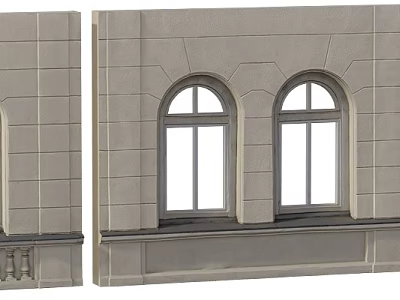 Double Casement Windows Featuring Arched Top on Gray Stone Building Facade with Dark Frames 3d model