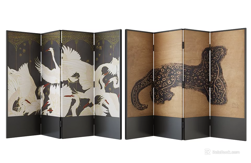 Traditional Decorative Screen With Crane And Leopard Patterns For Room Decoration 3d model