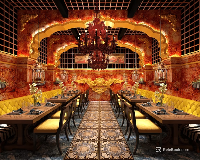 Luxurious Restaurant Interior With Red Gold Decor Chandeliers Long Tables Yellow Sofa Seats Decorative Flooring 3d model 