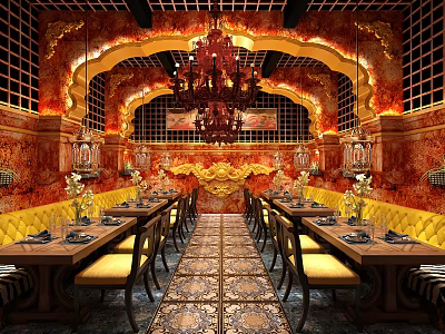 Luxurious Restaurant Interior With Red Gold Decor Chandeliers Long Tables Yellow Sofa Seats Decorative Flooring 3d model