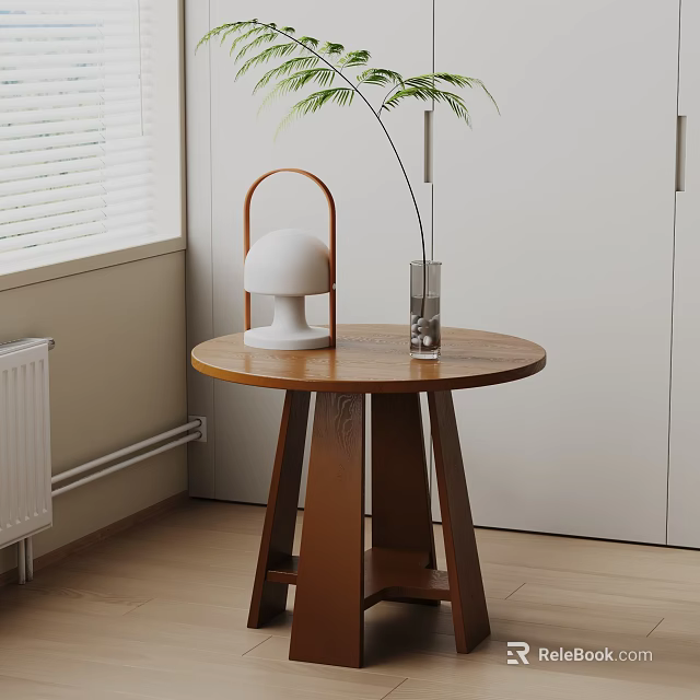 Round Wooden Side Table with White Lamp and Glass Vase in Room Corner 3d model 