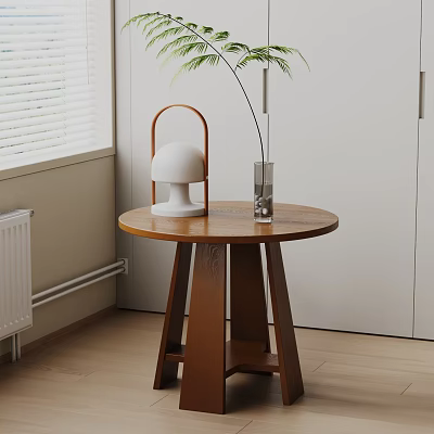 Round Wooden Side Table with White Lamp and Glass Vase in Room Corner 3d model