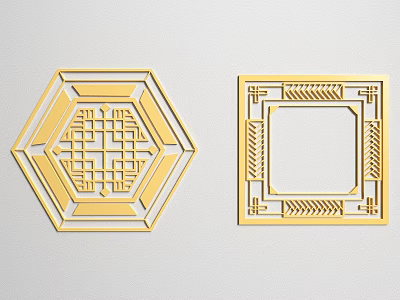 Golden Hexagonal and Square Carved Designs with Hollow Geometric Patterns 3d model