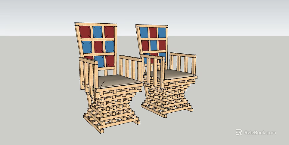 Wooden Dining Chairs With Armrests Red Blue Paneled Backrest And Stacked Base 3d model 