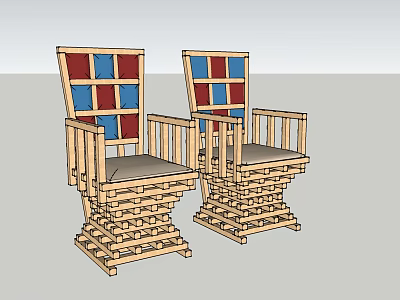 Wooden Dining Chairs With Armrests Red Blue Paneled Backrest And Stacked Base 3d model