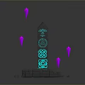 Enchanting Landscape With Mystical Tower Blue Glowing Green Patterns Purple Pyramids And Gray Block Base