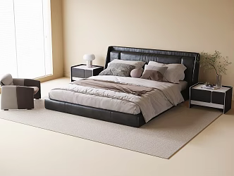 Modern Double Bedside Cabinet Leather Bed Leisure Chair 3d model