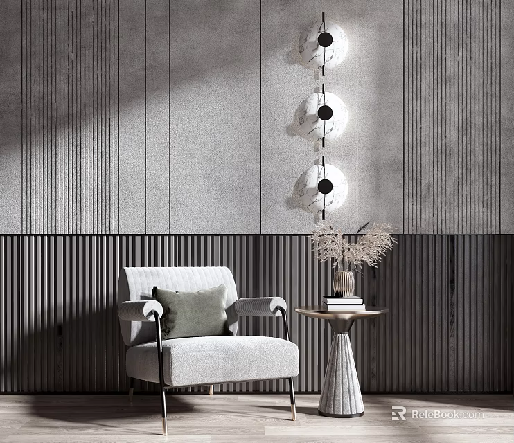 Modern Single Sofa Interior With Textured Gray Wall Side Table And Vase 3d model