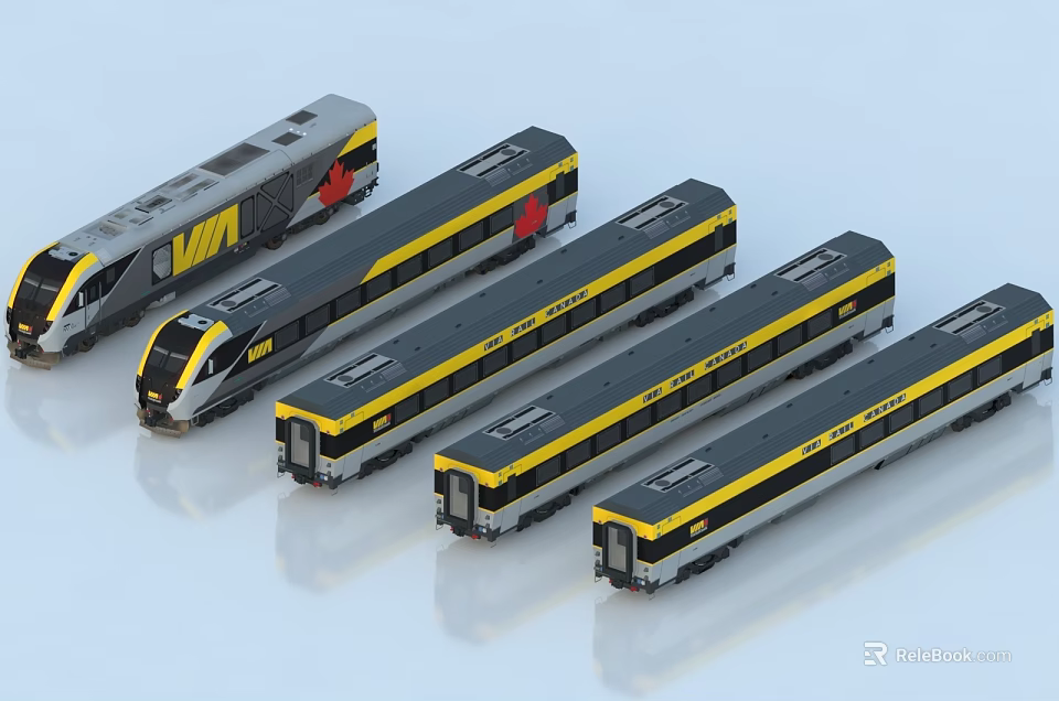 Modern Train Models With Grey And Yellow Stripes And Multiple Units 3d model