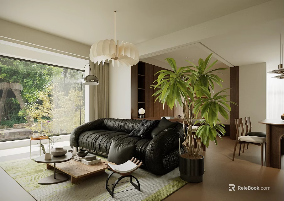 Modern Living Room Interior With Black Leather Sofa Large Window And Palm Plant 3d model 