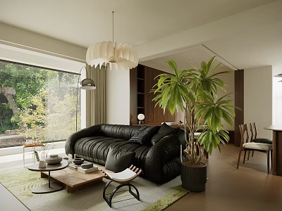 Modern Living Room Interior With Black Leather Sofa Large Window And Palm Plant 3d model