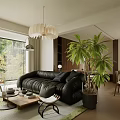 Modern Living Room Interior With Black Leather Sofa Large Window And Palm Plant