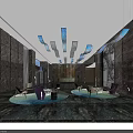 Modern Hotel Lobby With Marble Walls Hanging Chandeliers Comfortable Lounge Seats And Artwork