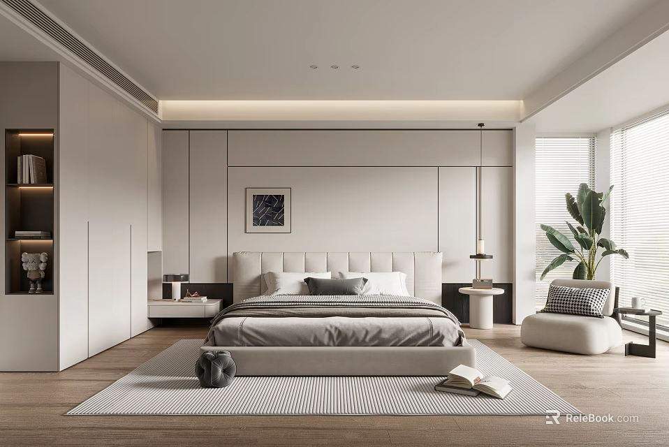 Modern Bedroom Interior Design With Bed Nightstand Lamp Rug And Plant 3d model 