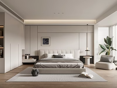 Modern Bedroom Interior Design With Bed Nightstand Lamp Rug And Plant 3d model