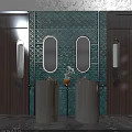 Modern Bathroom Washbasin With Double Oval Mirrors Dark Green Diamond Patterned Tiles and Flower Vase
