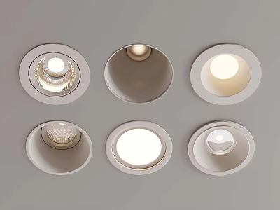 Modern Recessed Ceiling Lights With Six Different Designs And Illuminated Features On Gray Ceiling 3d model