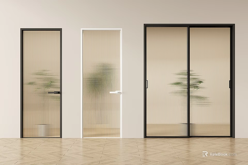 Modern Interior Sliding Doors With Glass Vertical Stripes And Black White Frames 3d model