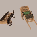 Two Wooden Carts One Empty and One Loaded with Wooden Crates Green Barrel
