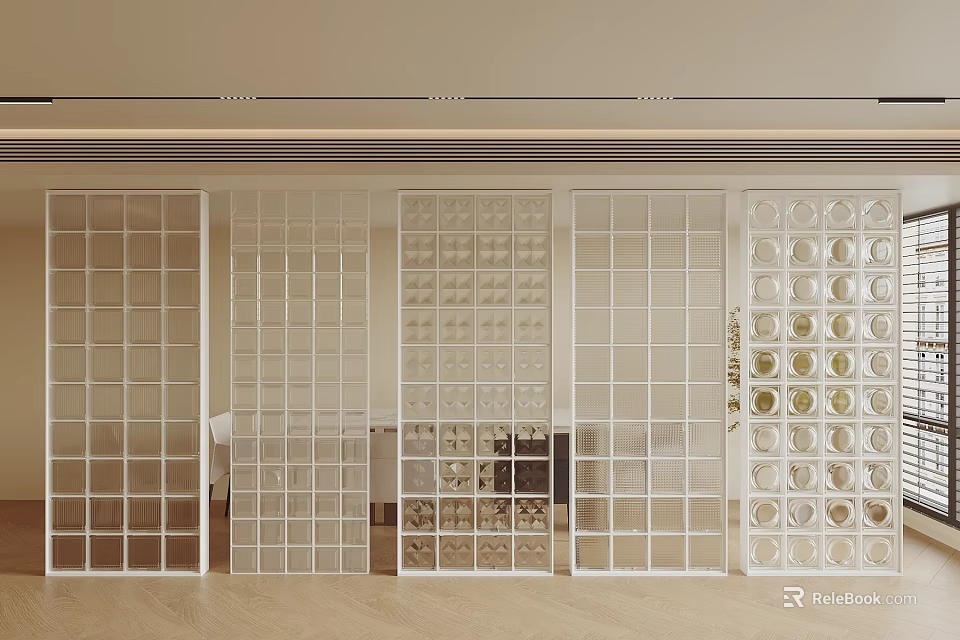 Modern Glass Room Dividers Featuring Grid Patterns And Decorative Designs For Interior Spaces 3d model