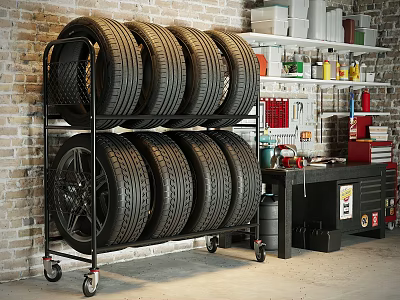 Organized Garage With Tire Rack Holding Stacked Tires Against Brick Wall And Tool Storage Shelves 3d model